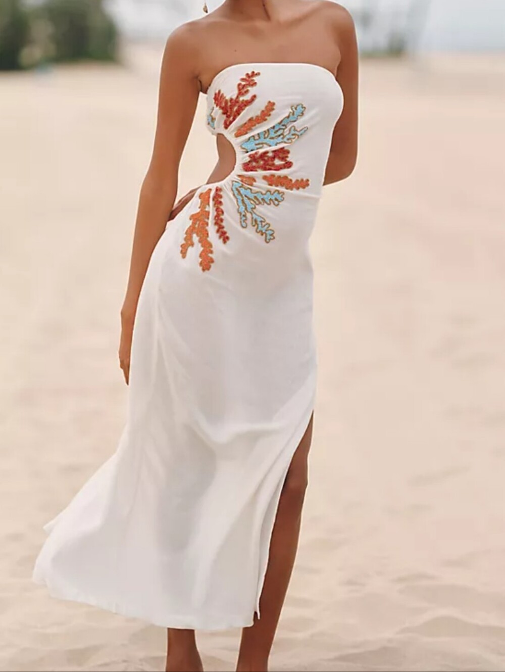 Strapless White Embroidered Cutout Dress